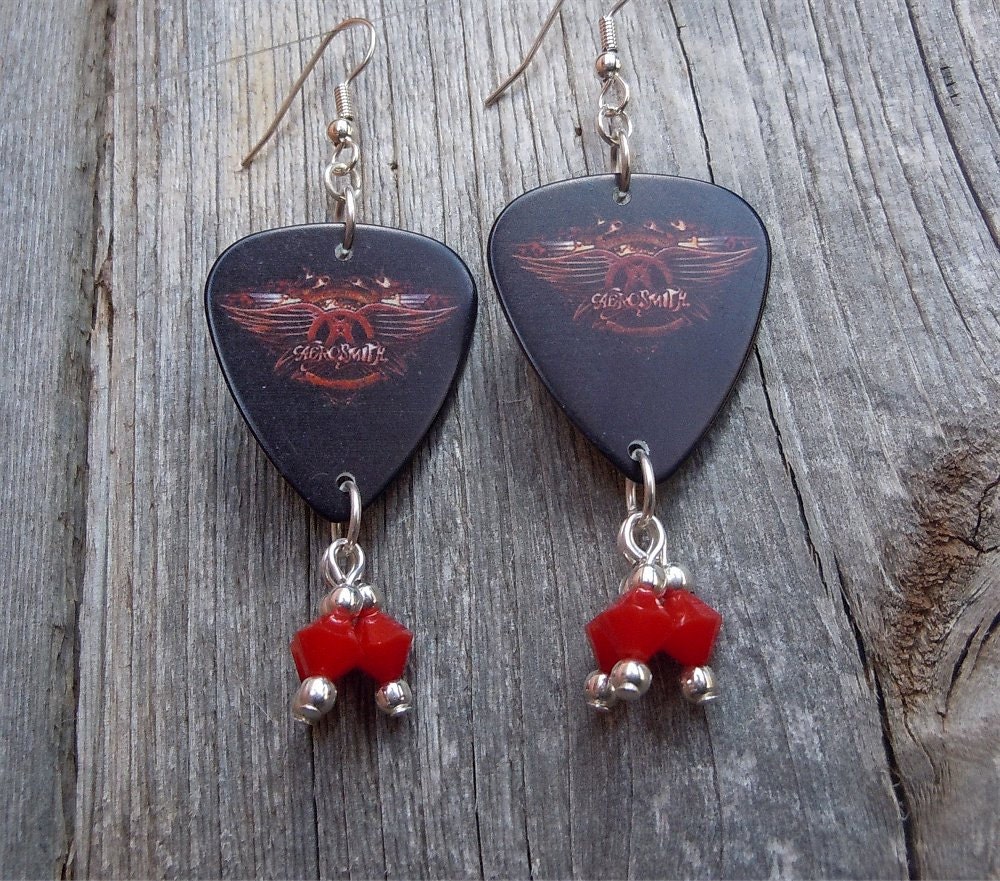 Aerosmith Guitar Pick Earrings with Opaque Red Crystal Dangles