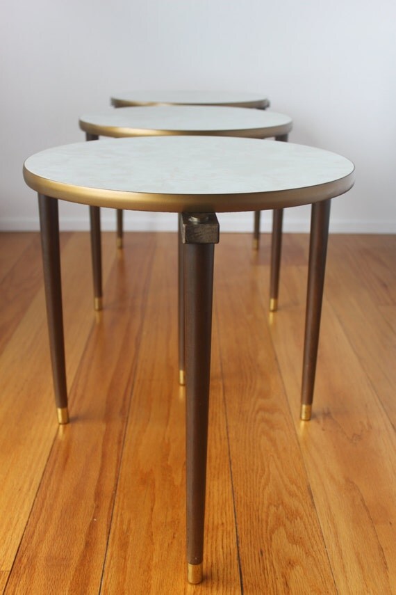 Mid Century Modern 3 Round Stacking Nesting Tables Tapered Mid Century Modern 3 Round Stacking Nesting Tables Tapered Wood Legs Marble Formica Top
