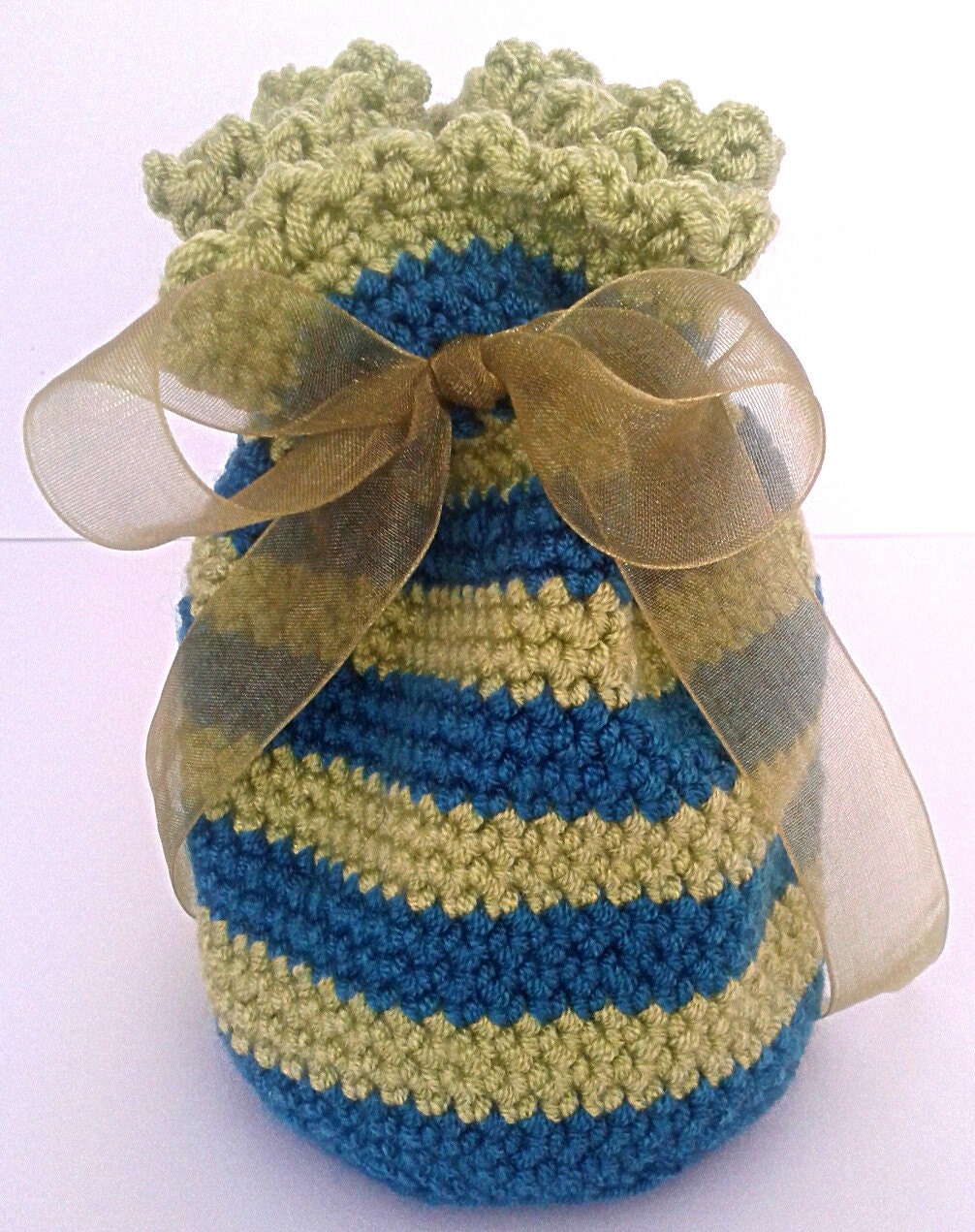 Crochet Gift Bag Blue and Green Striped Small Gift Bag Tied