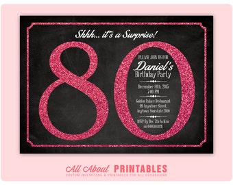 80th Birthday Invitation. Red Glitter Birthday Party Invite. Adult Surprise Birthday. Elegant. DIY Printable Digital
