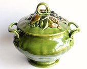 Large Soup Terrine w/ Fruit Embossed Lid , Vintage NS Gustin Green Serving Urn Style Bowl with Handles