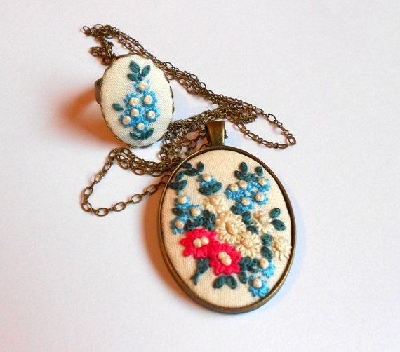 Flower Necklace Cottage Chic Cocktail ring Fabric jewelry Unique gifts  for mom