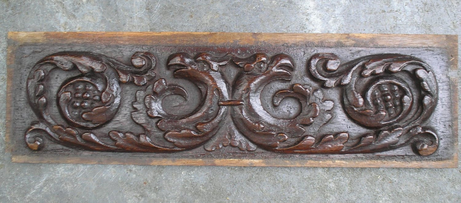 17th Century carved oak panel with sea serpents leaves grapes 1600’s ...