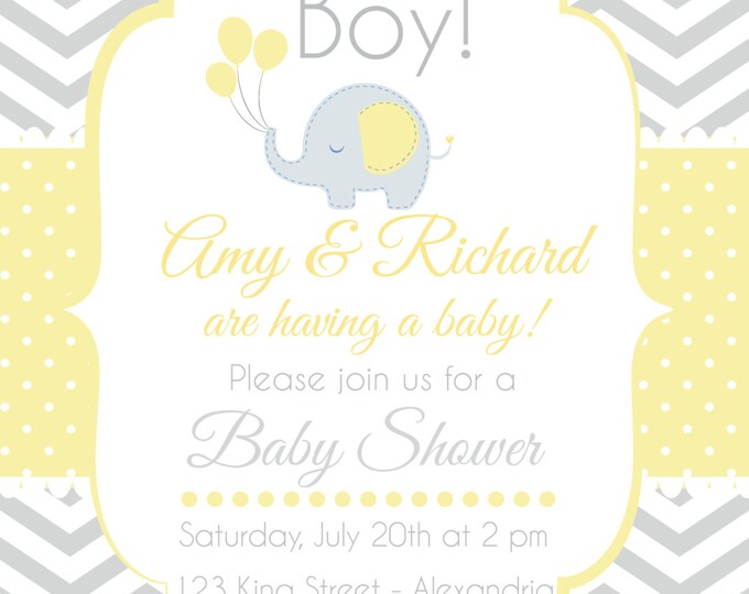 Baby Shower Invitation. Gray chevron and yellow invitation. Boy babyshower. Elephant babyshower. Pastel tone babyshower. Printable