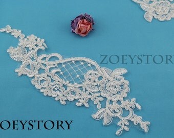 Alencon Lace Applique, Corded Lace Applique, Light Ivory Embroidery Lace, Bridal Lace Applique, 2 Pcs (AL048)