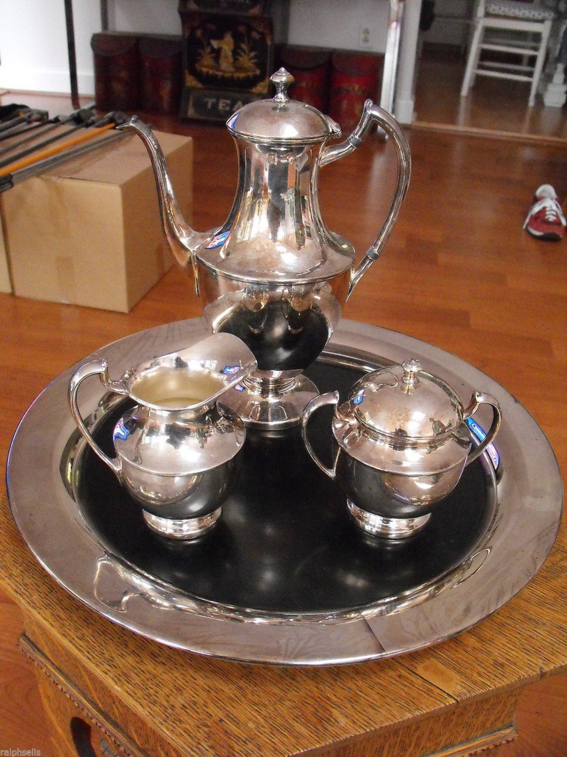 Crescent Silverplate Tea / Coffee Service 3 pc with Micarta Tray