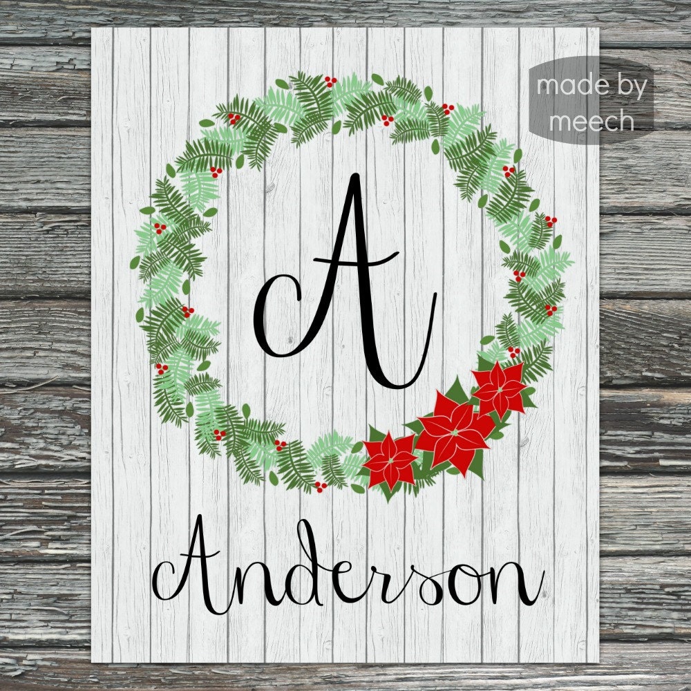 Custom Holiday Christmas Wreath Monogram Printable- 8x10