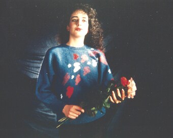 Vintage 80s Hand Knitted Mohair Sweater Petals on a Lake French Mohair Raglan Sleeves