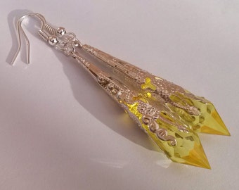 Lemon Yellow Earrings , Yellow Teardrop Earrings , Silver Earrings , Filigree Earrings , Teardrop Earrings , Boho , Handmade Jewelry , Gift