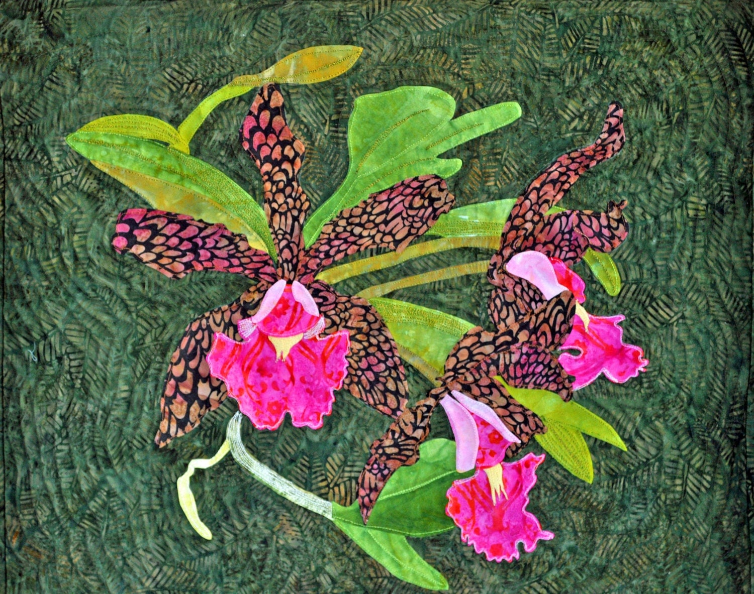 Orchid Art Quilt inspired by my own photo by IslandTimeFabricArt
