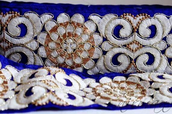 Dark Blue Embroidered Floral trim Gold White thread on Blue fabricTraditional Sari Border Trim Indian Craft Ribbon Sewing