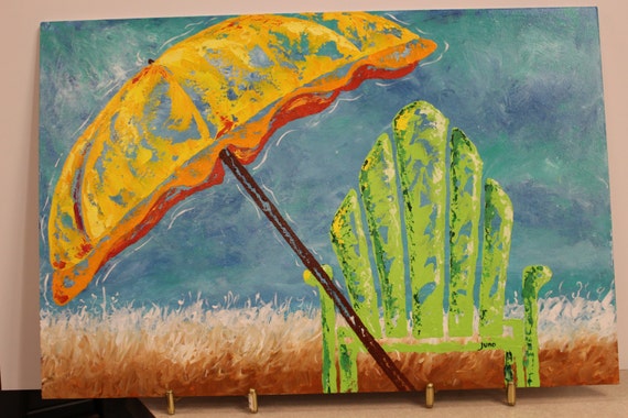 Abstract Green Beach Chair and Umbrella Painting by JunoOriginals