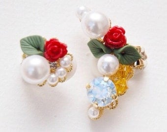 Beauty and The Beast Ear Cuff Set Rose Earrings