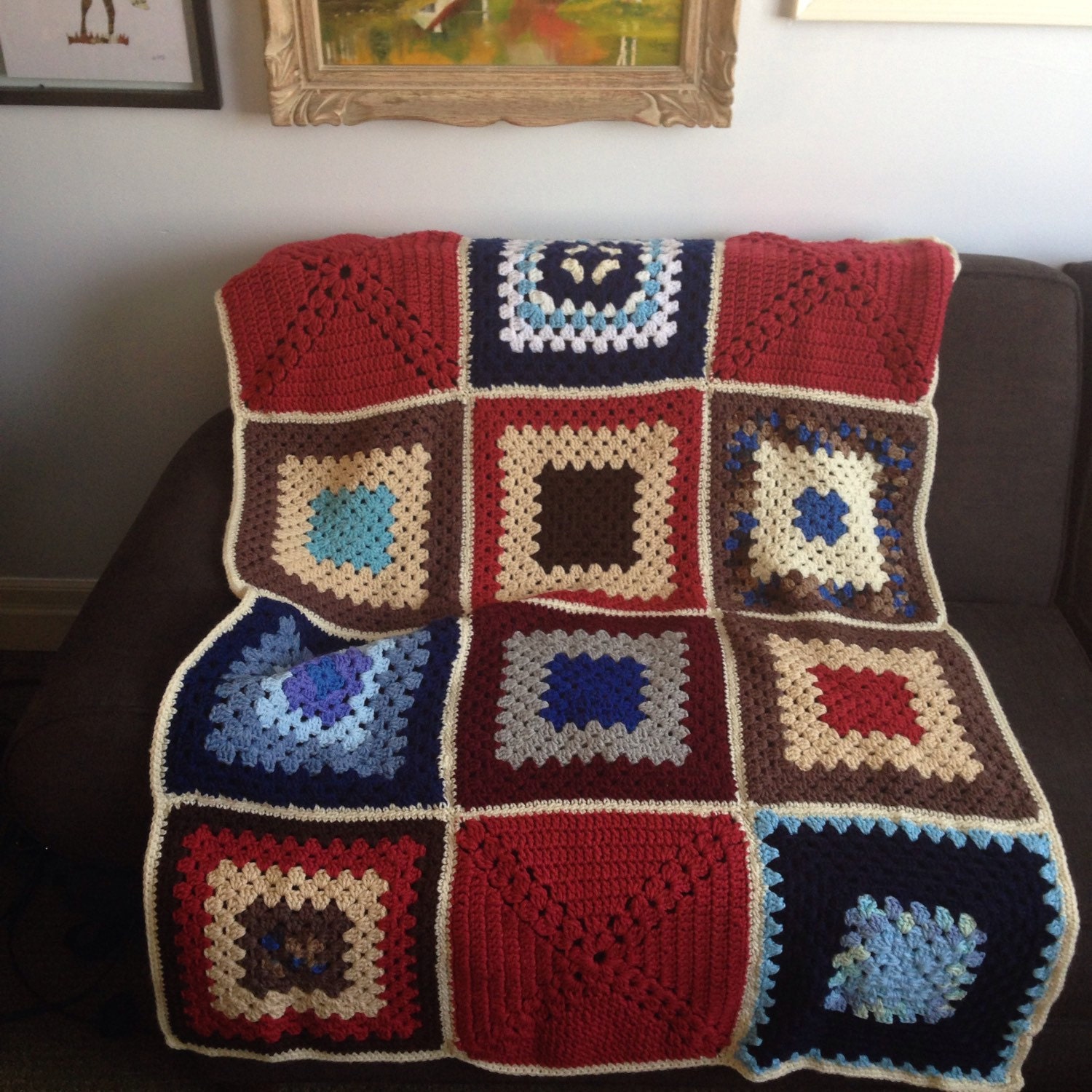 Vintage Knit Afghan Throw lap size blanket granny square