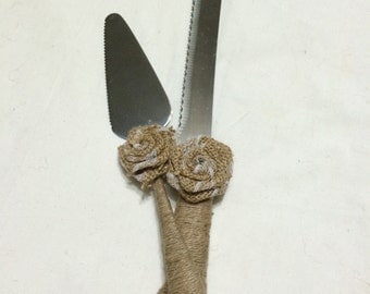 rustic twine wedding cake knife, wedding cake cutting set, burlap lace flower