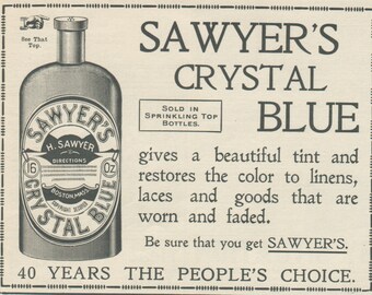 Sawyer's Crystal Blue matted ad, Old bottle ad, Vintage Ad from 1902 Youth's Companion, Unusual Matted Desk Decor ready to frame