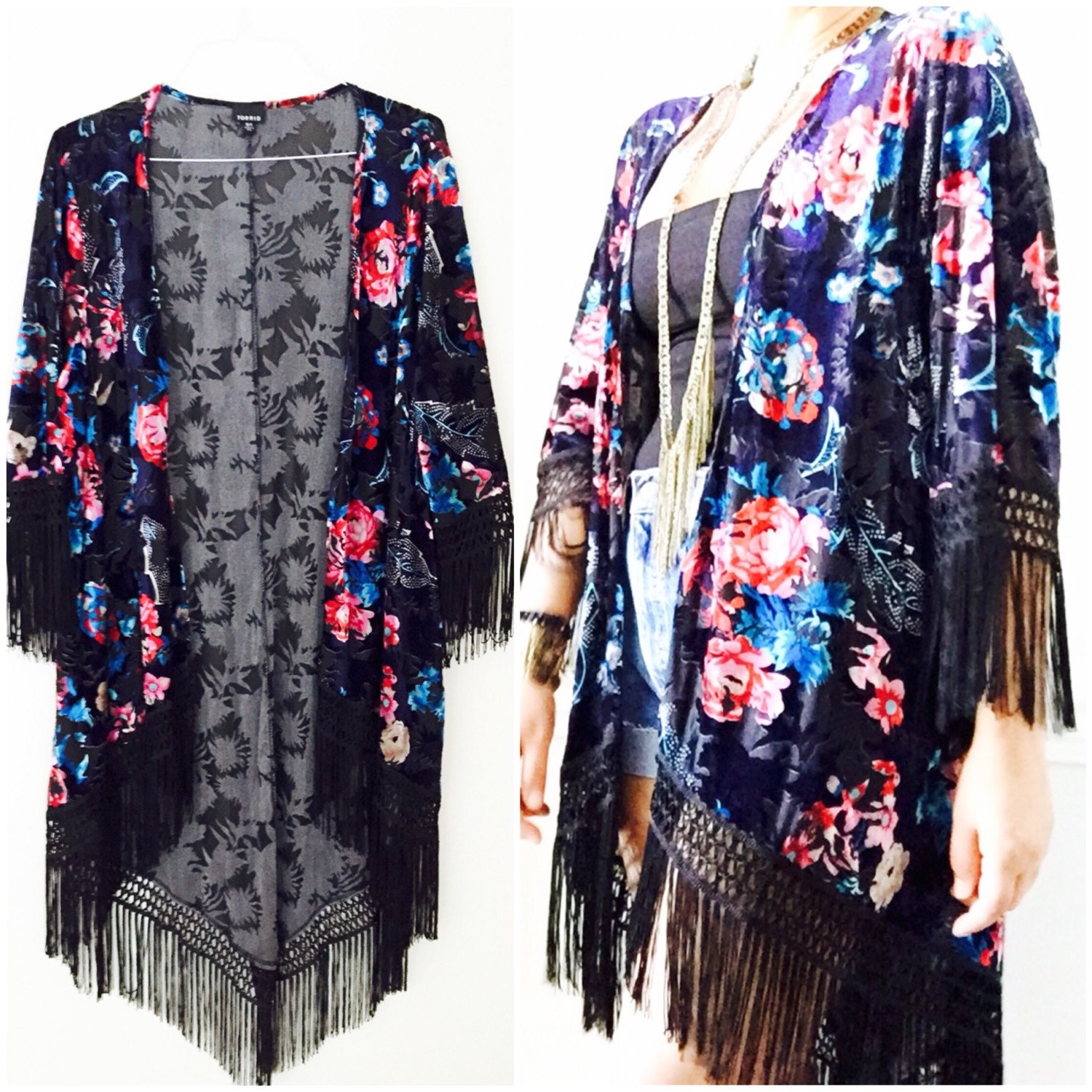 Velvet Kimono Tassel / Burnout Kimono Shawl / Bohemian Kimono