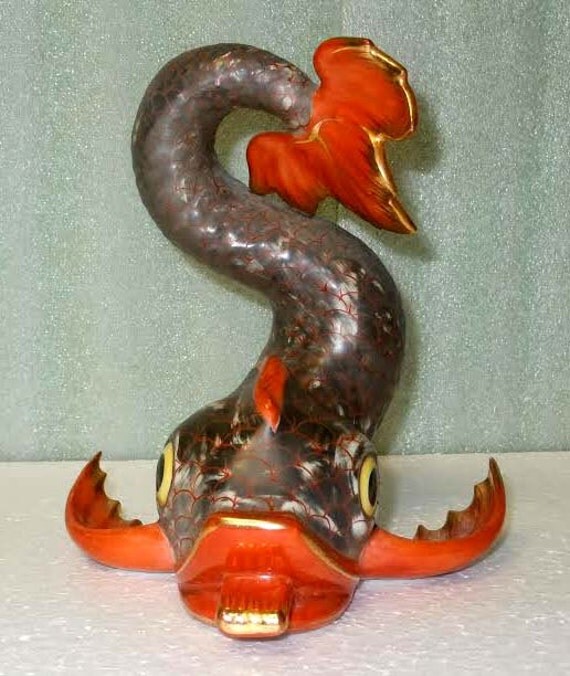 Hand Painted Ceramic Herend Koi Fish Figurine Sculpture