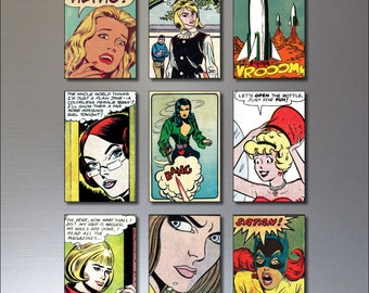 9 Vintage Retro Comic Strip Fridge Magnets - Shabby Chic, Quotes