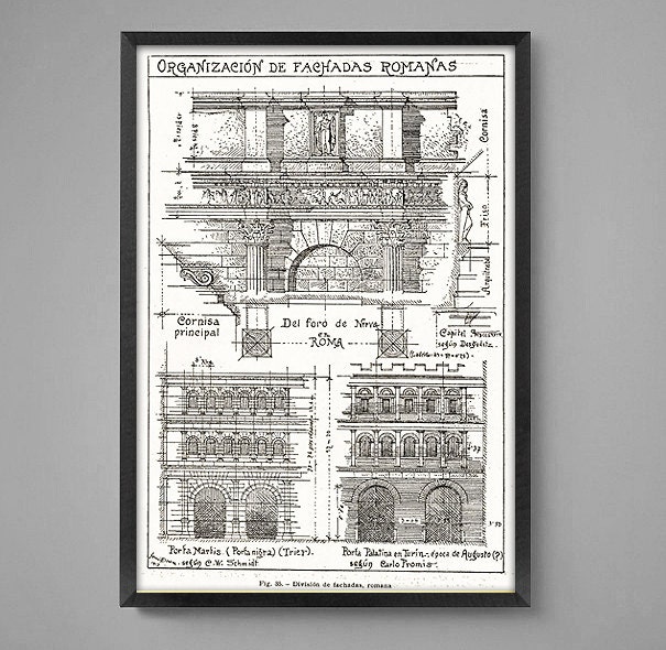 6 Set Classic Roman Architecture diagram art prints. Special