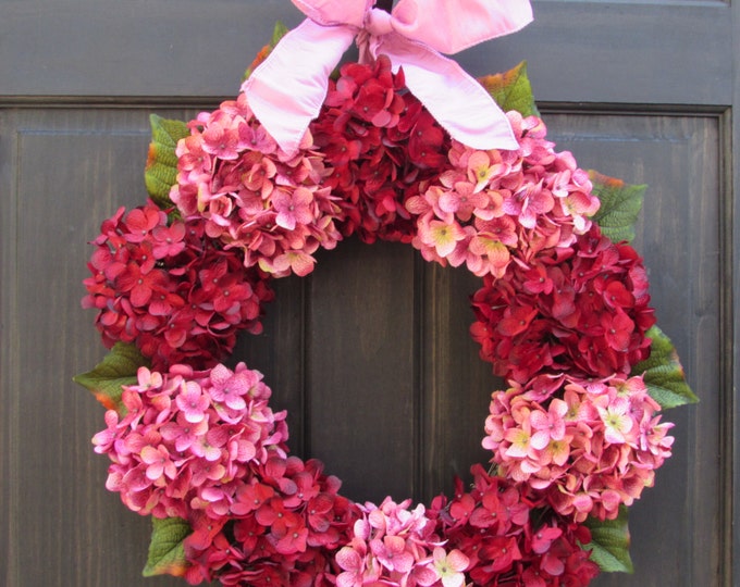 Valentine Wreath for Front Door, Wreath for Summer, Hydrangea Wreath, Red and Pink Wreath for Door Decoration, Valentines Day Porch Decor