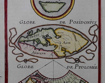 c 1680 World Maps of Ptolemy, Mella and Posidonius by Mallet . "Globe Terrestre" Antique Handcolored Engraving. Original. Over 330 Years Old