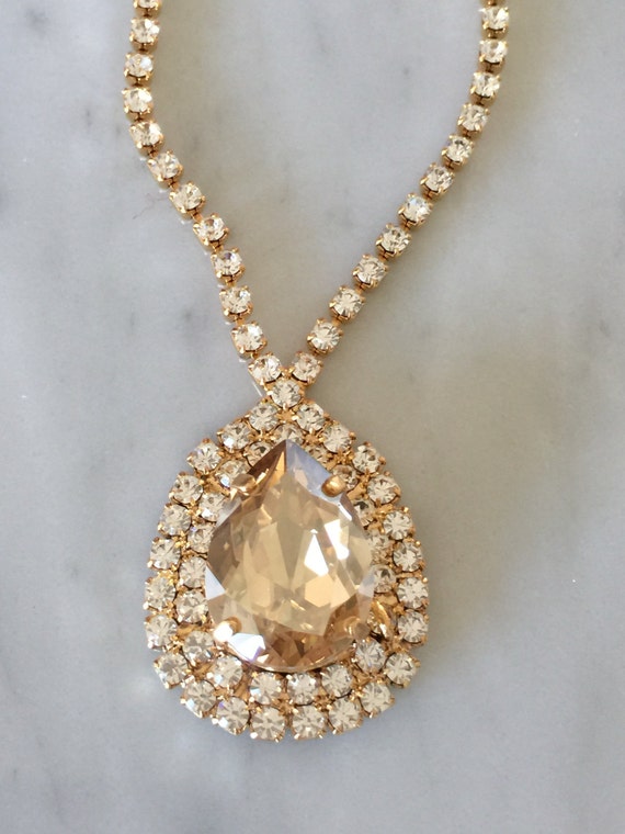 Large Pear Cut Swarovski Crystal Golden Shadow Bridal, Cocktail Necklace