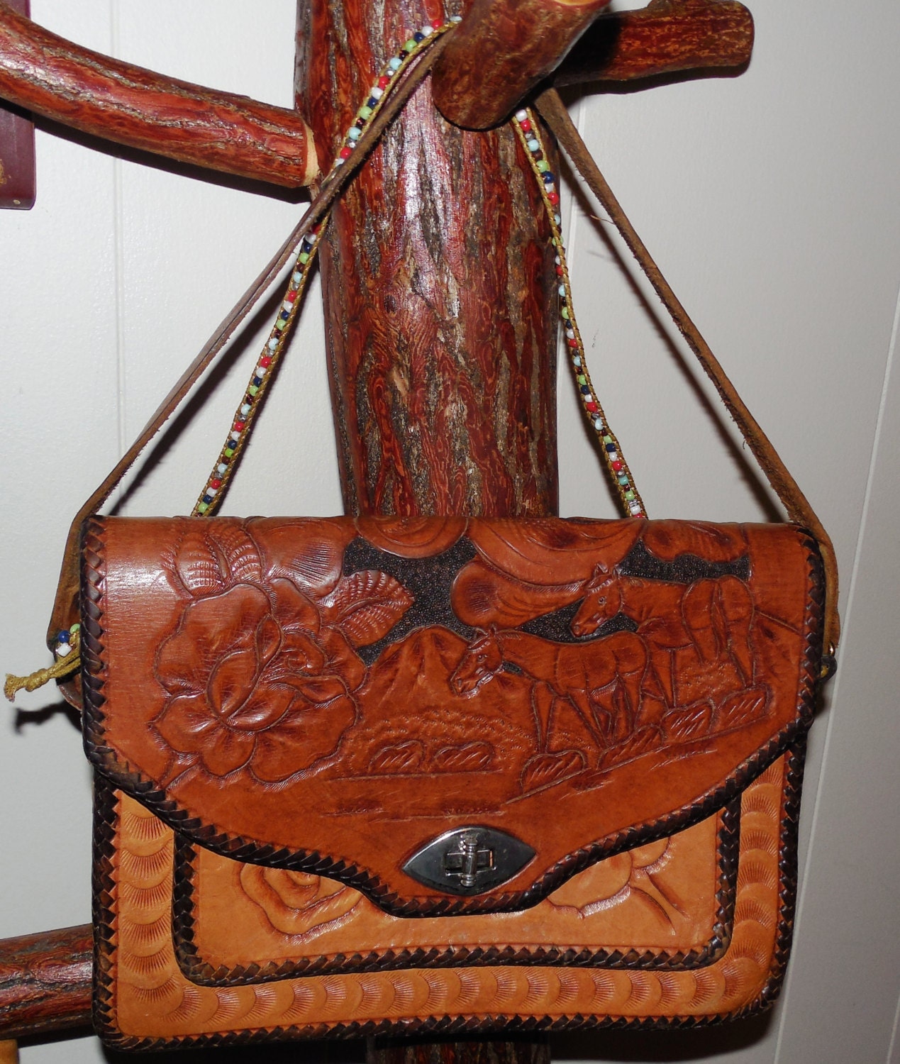 Tooled Leather Western 10 Purse-Worn Leather Purse with