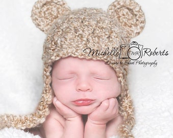 Bear Hat, Ready to Ship, Baby Boy Hat, Baby Girl Hat, Ear Flap Hat, Crochet Baby Hat, Baby Newborn Hat, Newborn Prop, Bear Ear Flap Hat
