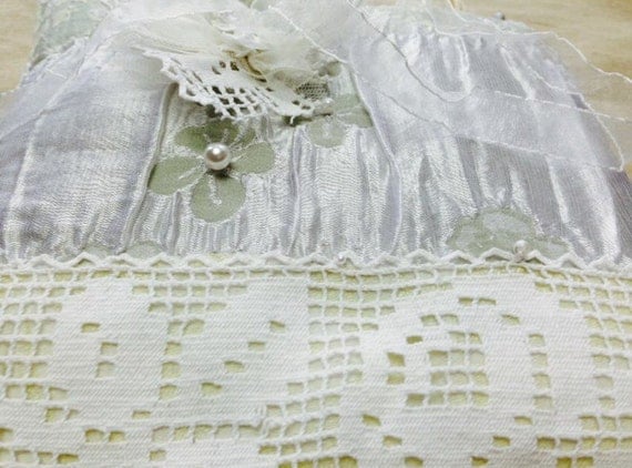 Wedding ring pillow vintage French crochet lace silver couture fabric ...