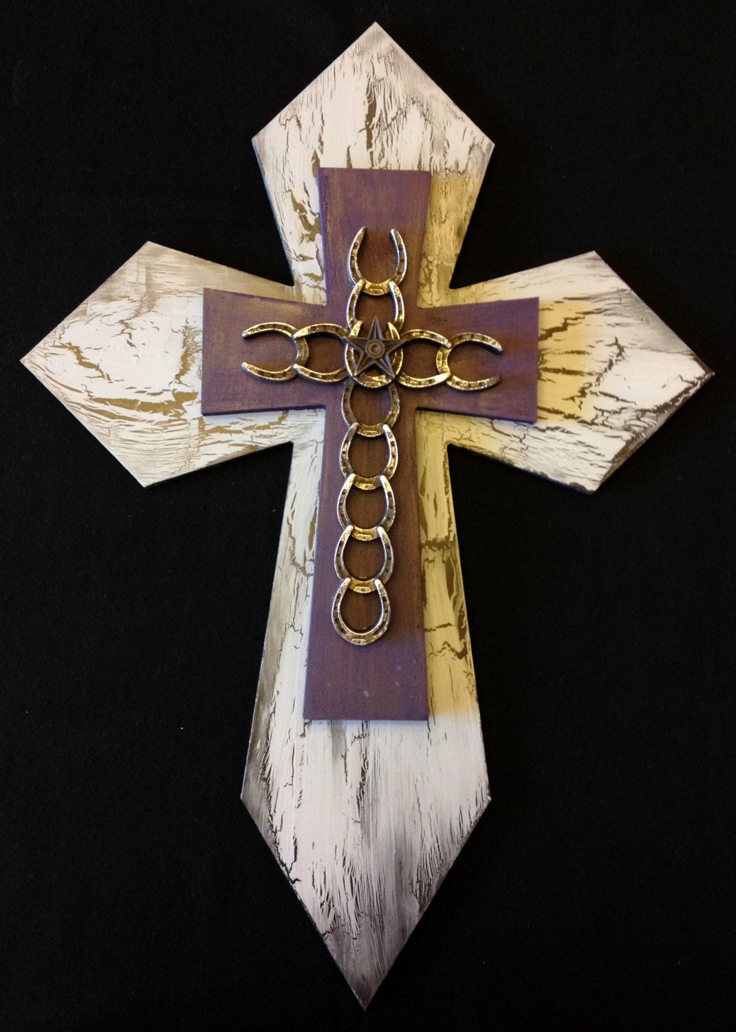 Large Wooden Wall Cross Distressed Grey & Purple Horseshoe