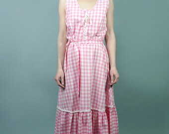 70s Dress.Vintage Pink Cotton Checkered Dress,Day Dress, Summer Dress, Medium,Pink Dress