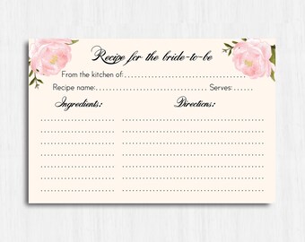 Peonies Recipe card, Printable recipe, Digital file flowers recipe card, floral recipe card, pink recipe card, blush recipe card, flower