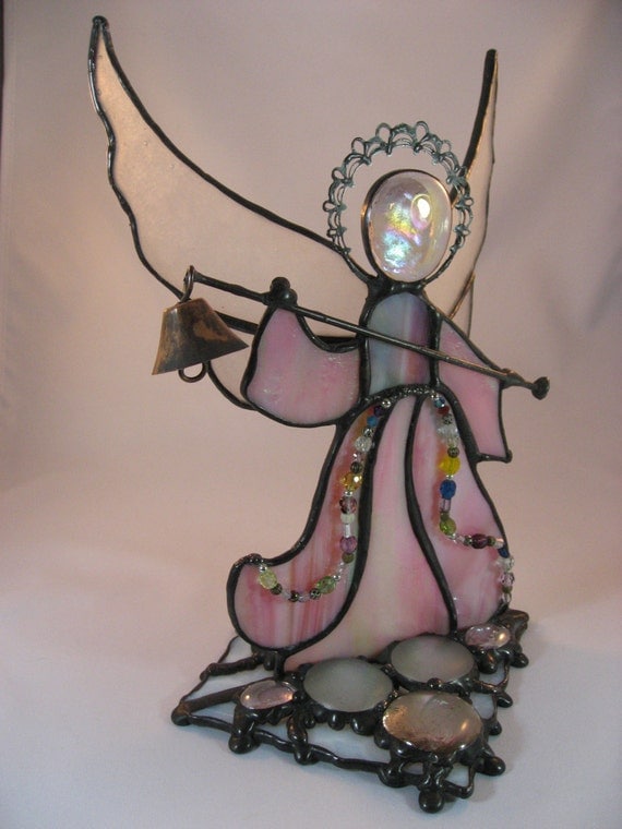 Stained Glass Standing Angel with Glass Wings Holding a Copper