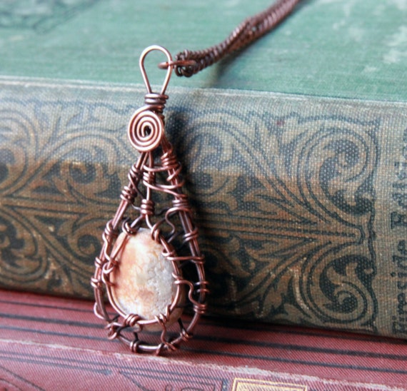 Cage pendant, wrapped stone, copper wire weave, pebble rock, basket