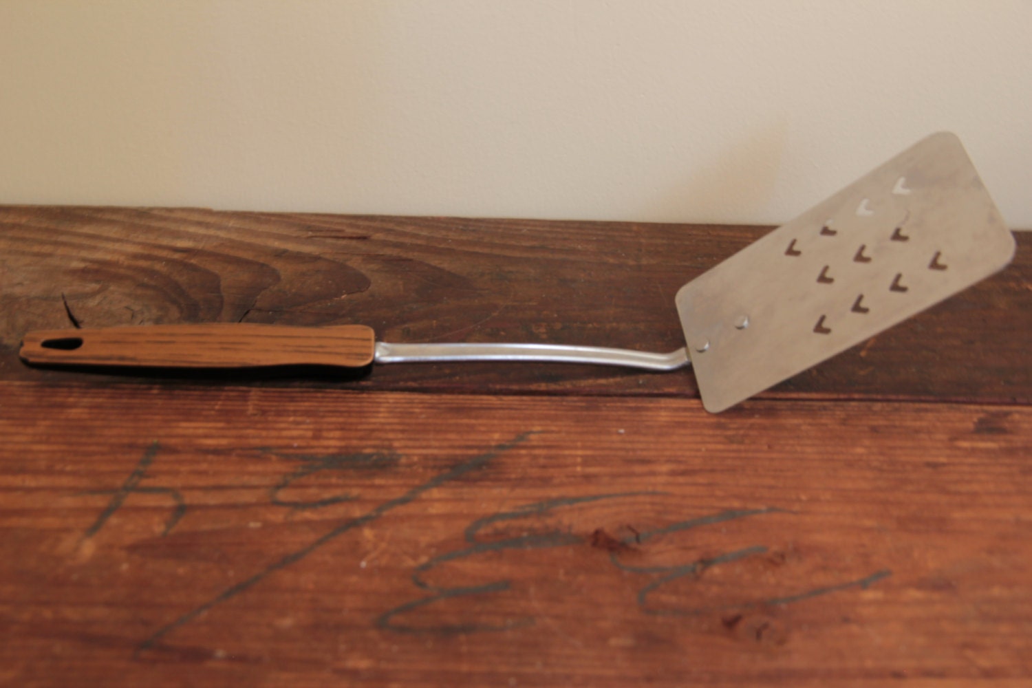 Vintage Ekco Spatula with Faux Wood Handle Heart Slots Stainless Steel