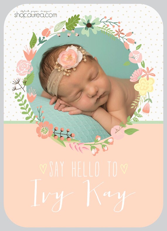 Flower Child Photo Birth Announcement Peach by ShopAureaInvites