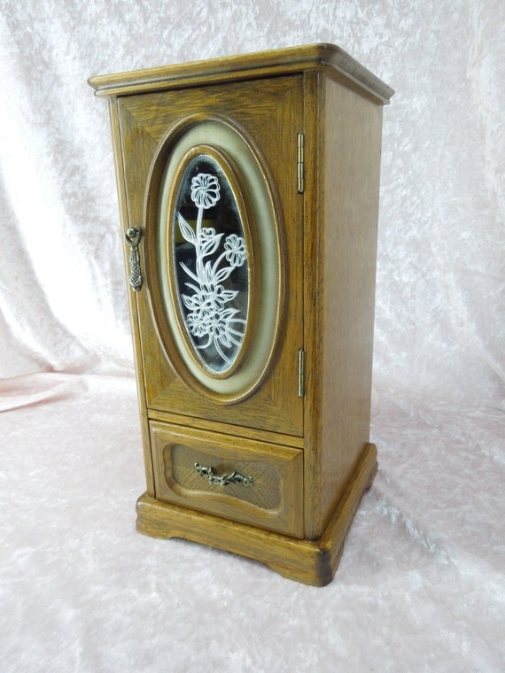 Vintage Wooden Jewelry Box with Oval Etched Glass Mirror in