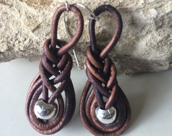DANGLE EARRINGS in brown leather made with a pipe knot that nests a silver bead on silver plate wires||Brown Pipe Dream|AJanelleCreation