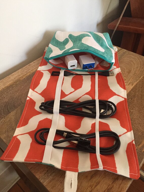 Electronics Cord Organizer with Detachable Bag in Teal/Orange