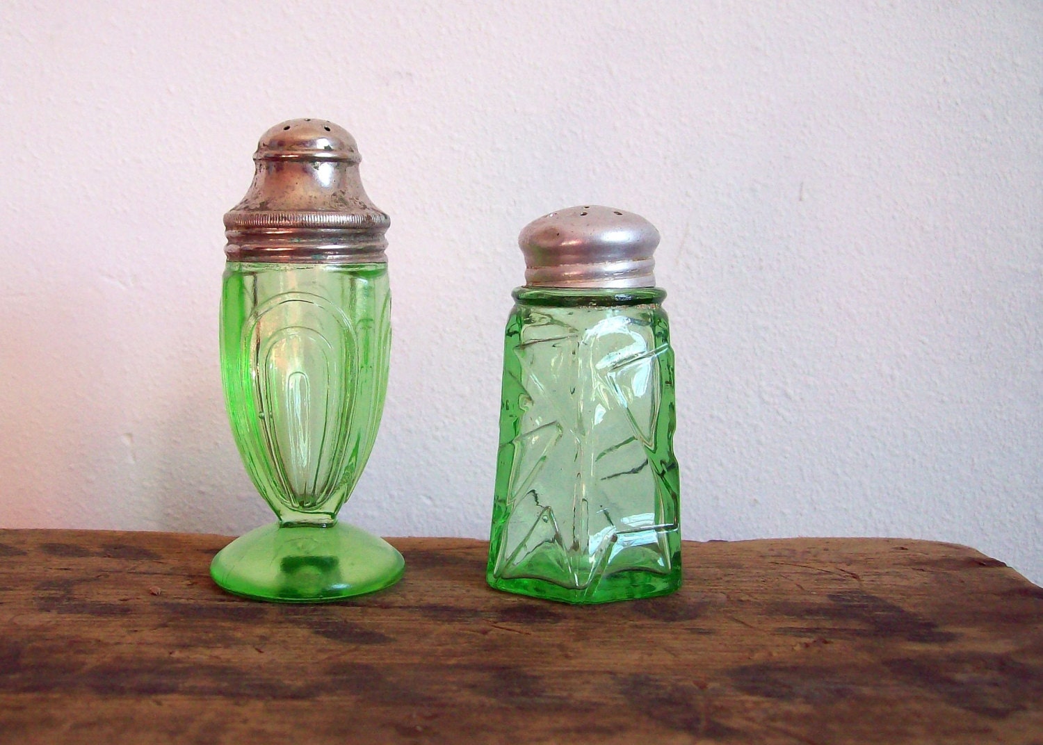 Antique salt pepper shakers green depression glass by 420storage
