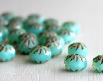 25 Milky Seafoam Faceted Crullers 9x6mm - Czech Glass Beads