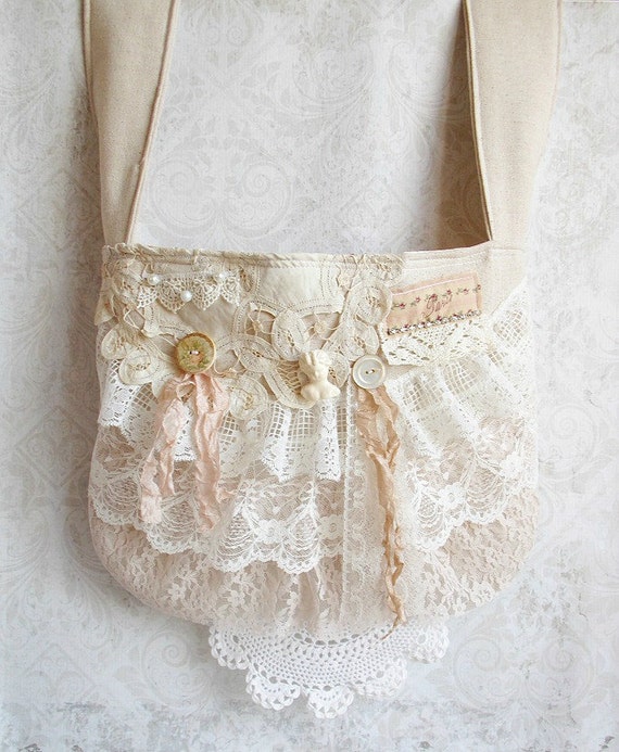 Shabby Boho Chic Cream Blush Pink Tattered and Lace Tote Hip