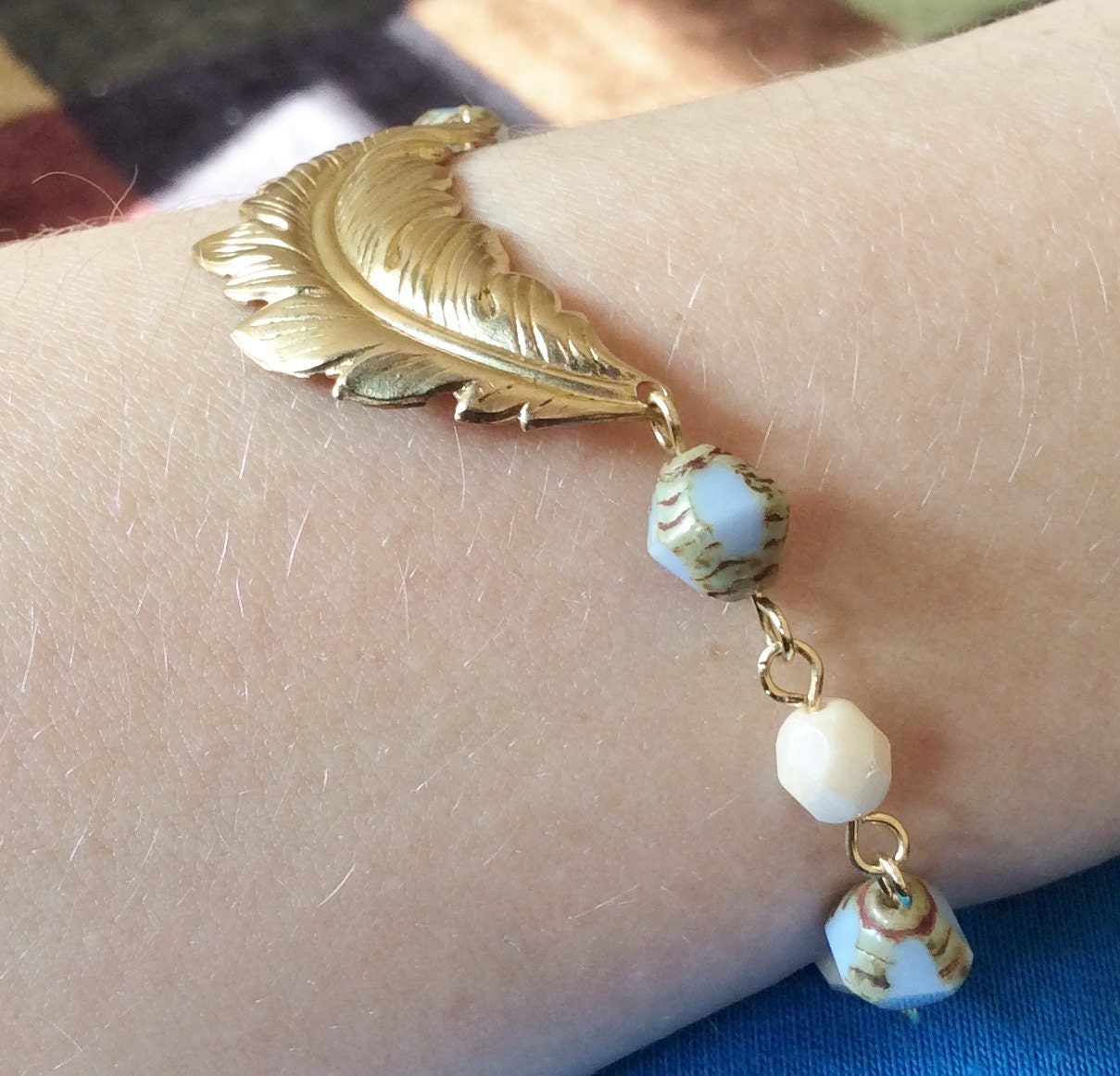 Beaded Golden Feather Bracelet with Crystals by Rockelle on Etsy