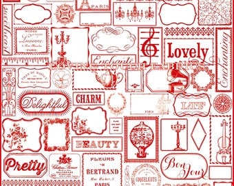 Riley Blake Victorian Vintage Items French English Words Cotton Fabric 1/2 Yd 18" X 44" Red