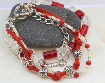 Aphrodite Four Strand Quartz Bracelet - Silver, Red Coral, Hematite - Handmade OOAK - Free US Shipping -Metaphysical Healing Crystal Jewelry