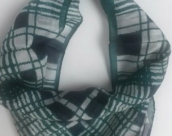 ELABORATE GREEN PLAID scarf, 20.5" by 20.5" inches square, made in Japan, Rayon and Nylon blend, complex plaid weave