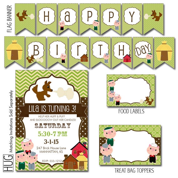 Digital Printable Editable Three Little Pigs Birthday Party