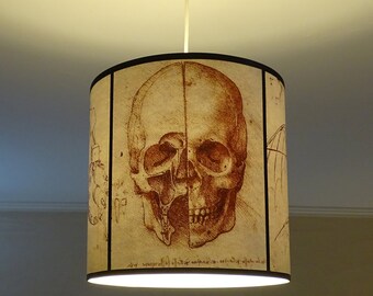 Leonardo Da Vinci Skull pendant lamp shade lampshade - skull lamp, goth decor, Halloween, human anatomy, steampunk lighting, drum lampshade