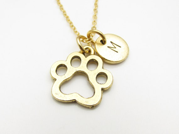 Dog Paw Print Necklace, Gold Paw Print Charm, Initial Necklace, Personalized Stamped Initial, Animals and Pets Charm, Monogram Necklace Z086